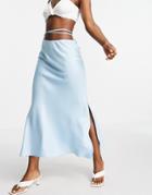 River Island Satin Bias Tie Waist Midi Skirt In Blue-blues