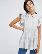 Lost Ink Smock Shirt With Frill Shoulder - Gray
