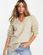 Topshop Knitted Oversized V Neck Sweater In Oatmeal-neutral