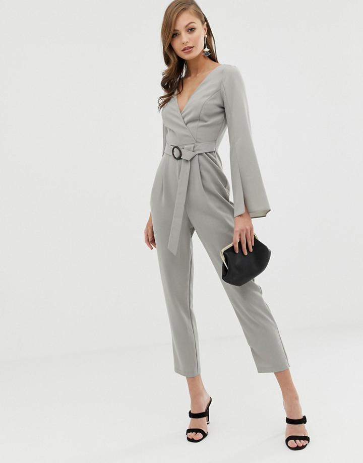 Asos Design Wrap Belted Exaggerated Sleeve Jumpsuit-gray