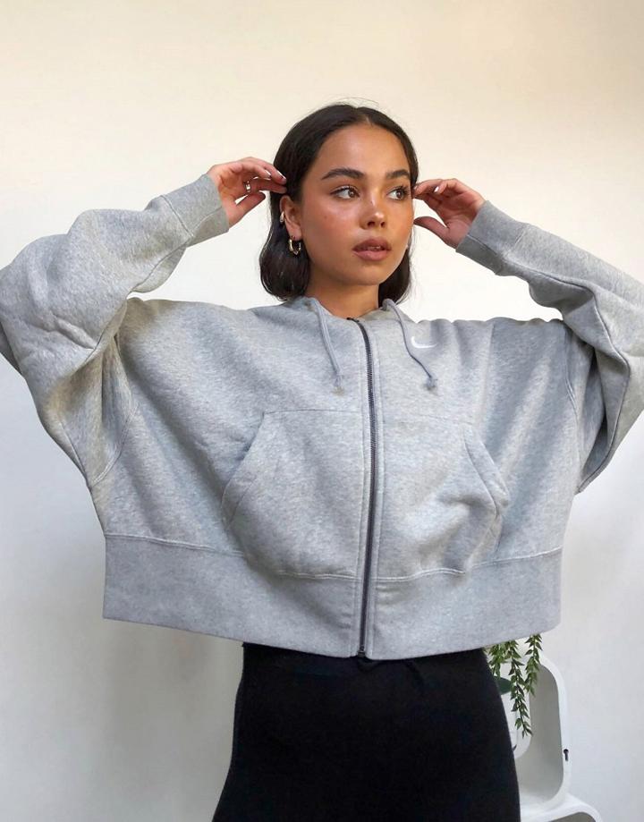 Nike Mini Swoosh Oversized Cropped Zip Through Hoodie In Gray-grey