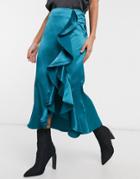 Vl The Label Satin Ruffle Front Midi Skirt With Thigh Split In Teal-green