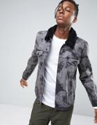 Asos Bleach Splat Denim Jacket With Fleece Collar In Gray - Black