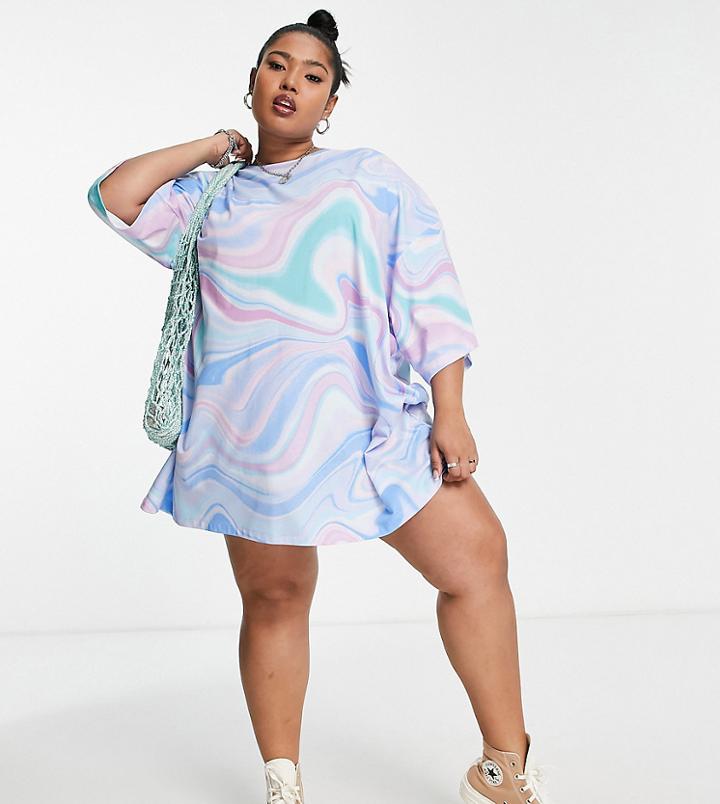 Asos Design Curve Oversized T-shirt Dress In Blue Swirl Print-multi