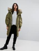 Pull & Bear Long Line Padded Jacket With Faux Fur Hood - Green