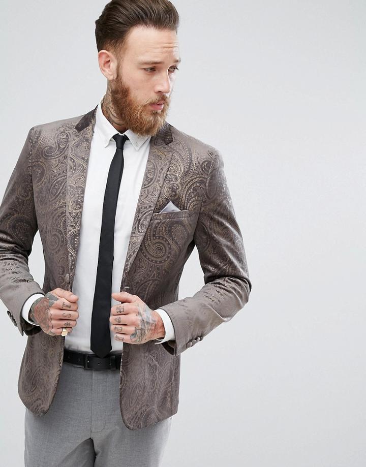 Harry Brown Dove Gray Velvet And Gold Embossed Skinny Fit Suit Jacket - Gray