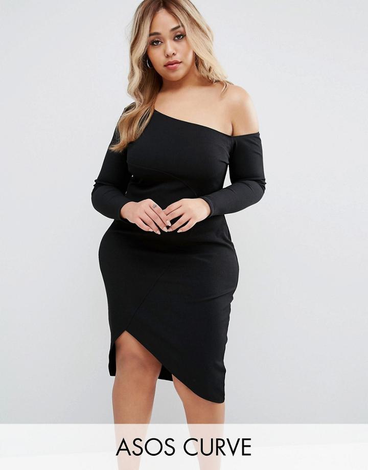 Asos Curve Rib Long Sleeved Off The Shoulder Midi Dress - Black