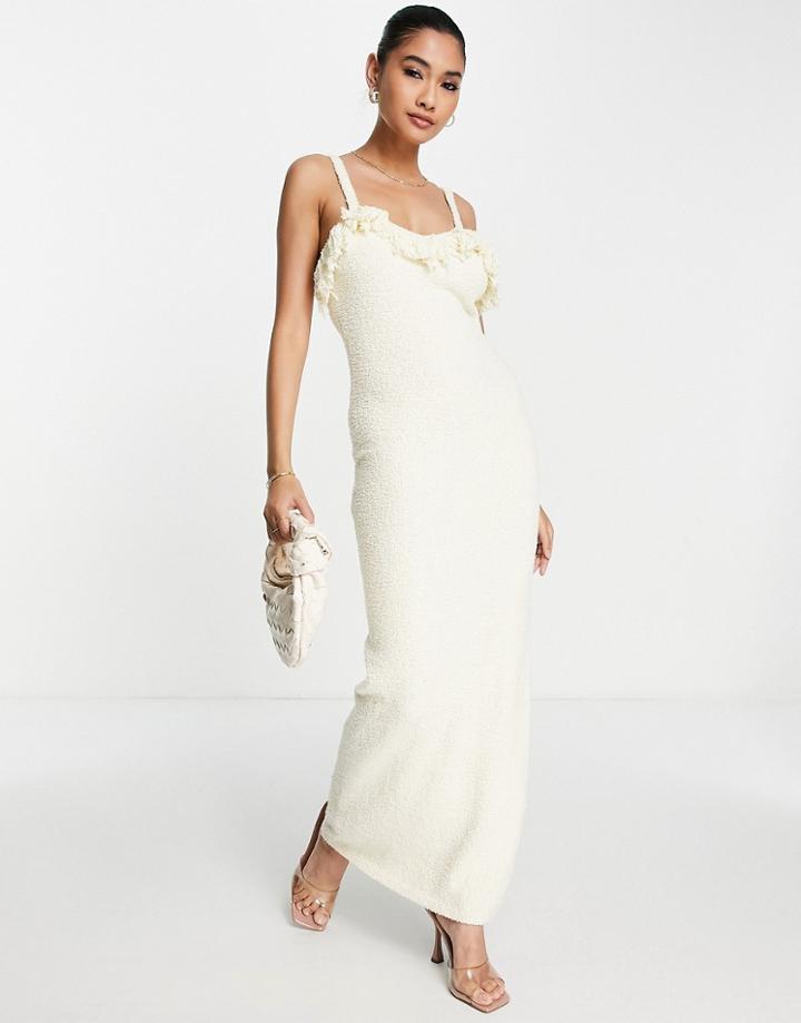 Rare London Textured Fringe Maxi Dress In Cream-white