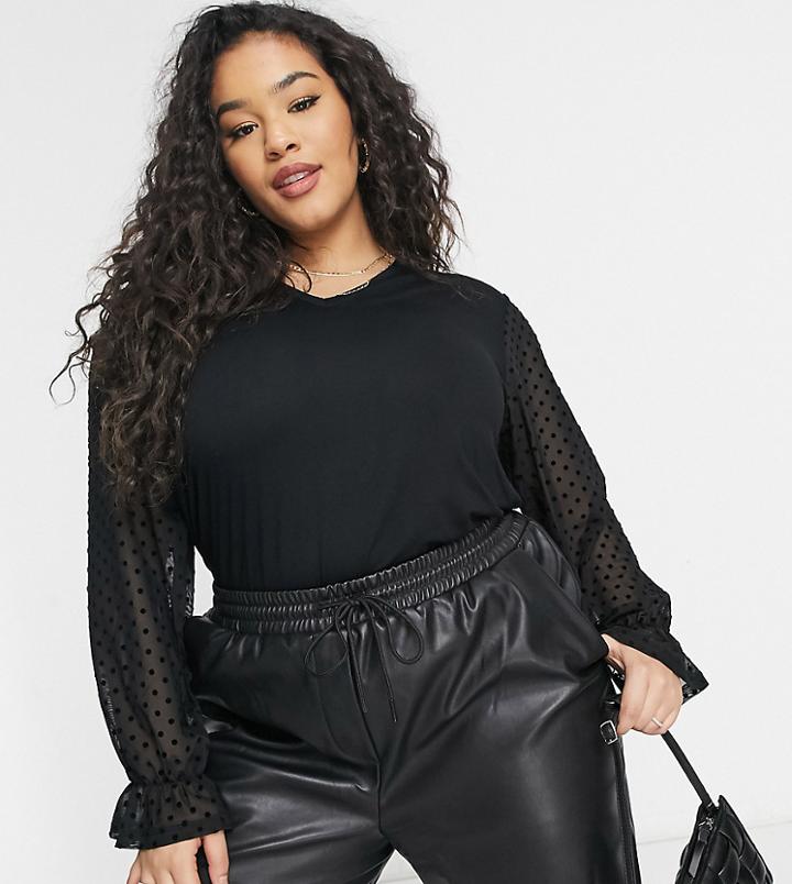 Simply Be Blouse With Textured Mesh Sleeves In Black