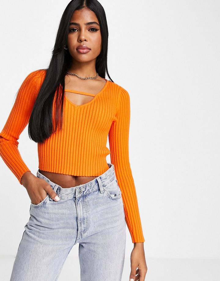 The Frolic V-neck Strap Detail Ribbed Top In Orange