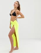 Asos Design Knot Front Glam Beach Sarong In Neon Slinky - Yellow