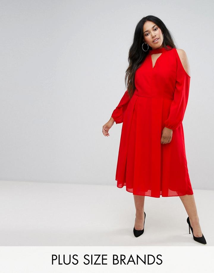 Truly You Long Sleeve Midi Dress With Cold Shoulder And Choker Detail - Red