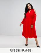 Truly You Long Sleeve Midi Dress With Cold Shoulder And Choker Detail - Red