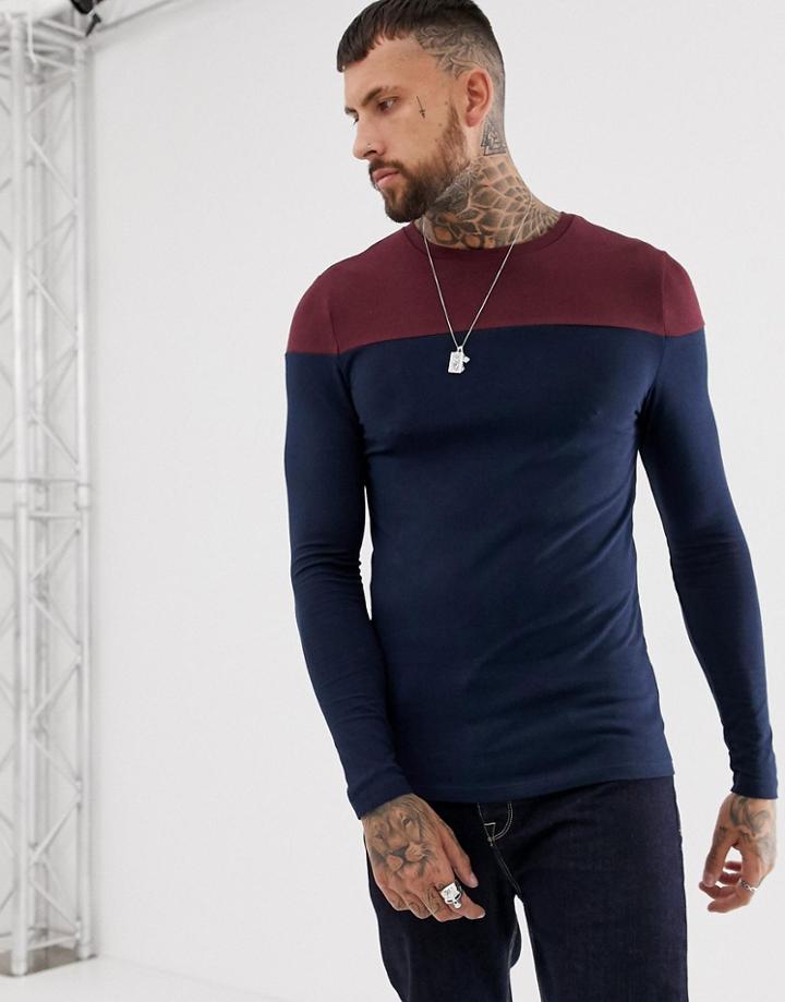 Asos Design Muscle Fit Long Sleeve T-shirt With Contrast Yoke In Navy