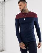 Asos Design Muscle Fit Long Sleeve T-shirt With Contrast Yoke In Navy