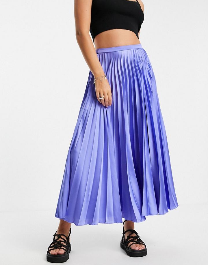Asos Design Satin Pleated Midi Skirt In Cornflower Blue-blues