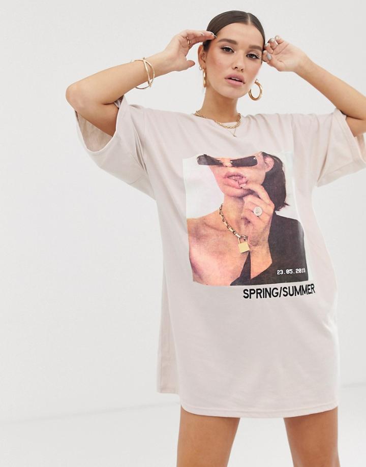 Public Desire X Lissy Roddy Oversized T-shirt Dress With Lissy Roddy Print-beige