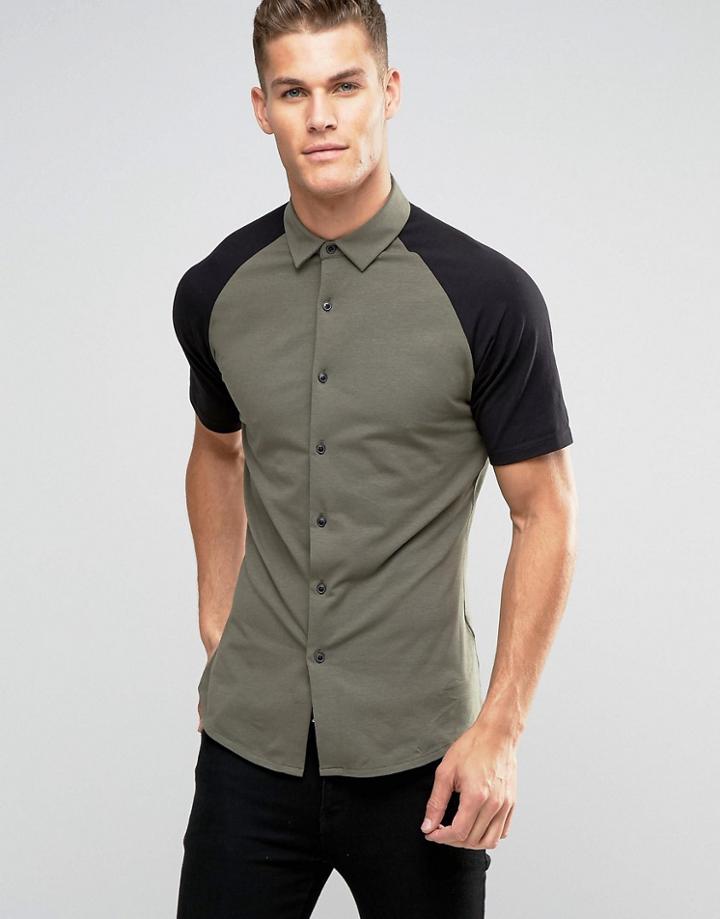 Asos Skinny Jersey Shirt In Khaki With Black Raglan Sleeves
