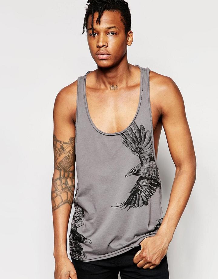Asos Extreme Racer Back Tank With Bird Print And Raw Edge - Gray