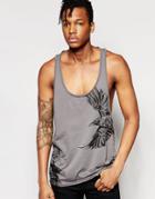 Asos Extreme Racer Back Tank With Bird Print And Raw Edge - Gray