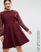 Asos Curve Skater Dress With Lace Sleeves - Red