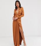 Asos Edition Tall Split Side Plunge Maxi Dress In Satin-silver