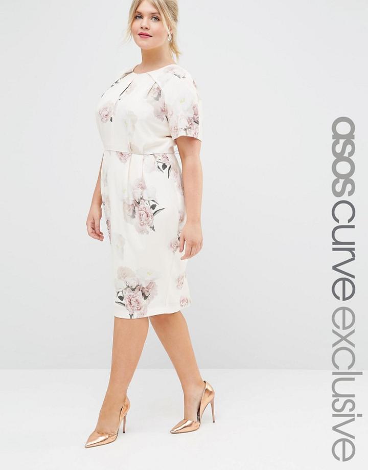 Asos Curve Salon Midi Pencil Dress In Nude Floral Print - Floral