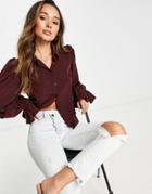Asos Design Volume Sleeved Soft Shirt With Tie Cuffs In Berry-red