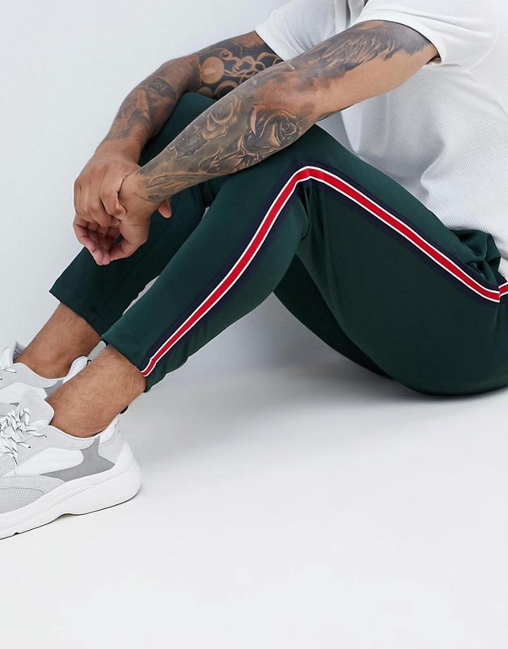 Bershka Slim Fit Pants In Green With Side Stripe - Green