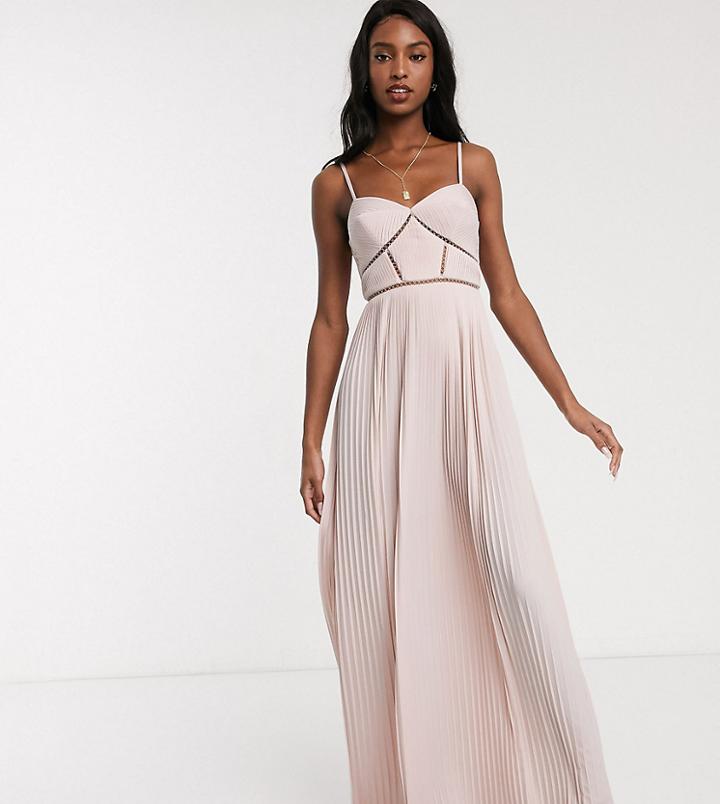 Asos Design Tall Premium Cami Pleated Maxi Dress With Ladder Trim Detail In Soft Pink