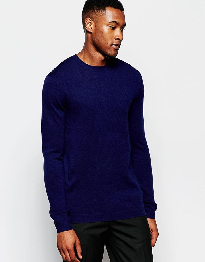 Asos Merino Wool Crew Neck Sweater - Navy