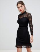 Frock & Frill High Neck Long Sleeve Lace Dress With Velvet Piping - Black