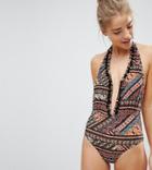 New Look Tribal Print Pompom Plunge Swimsuit-multi