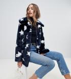 Jakke Mid Length Faux Fur Jacket In Celstial Print