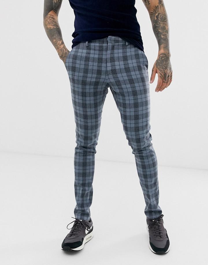Asos Design Super Skinny Smart Pants In Blue Wool Mix Check