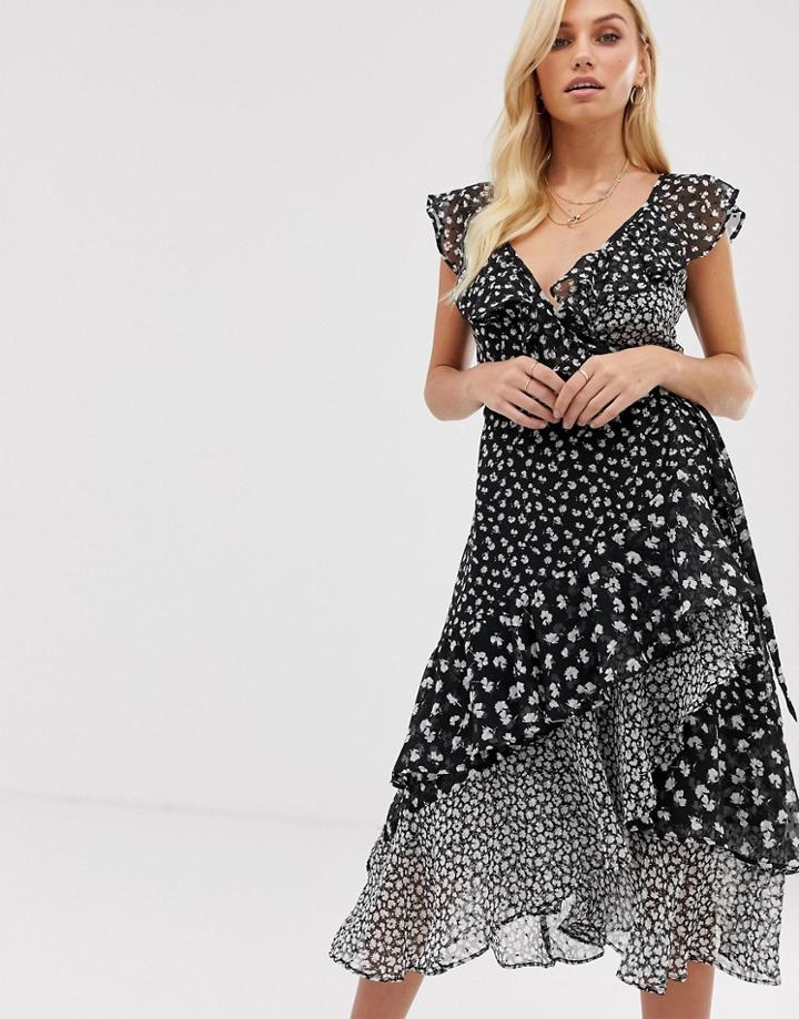 Allsaints Kari Scatter Dress Midi Dress In Floral Mix And Match Print - Black