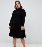 Asos Design Curve Swing Dress In Rib With Turtleneck And Long Sleeves - Black