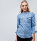 Asos Design Tall Denim Fitted Western Shirt In Midwash Blue