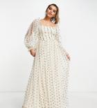 Lace & Beads Exclusive Wrapped Bodice Maxi Dress In Cream Polka Dot Print-white