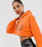 Reclaimed Vintage Inspired Cropped Overdye Hoodie In Orange With Sun And Moon Faces