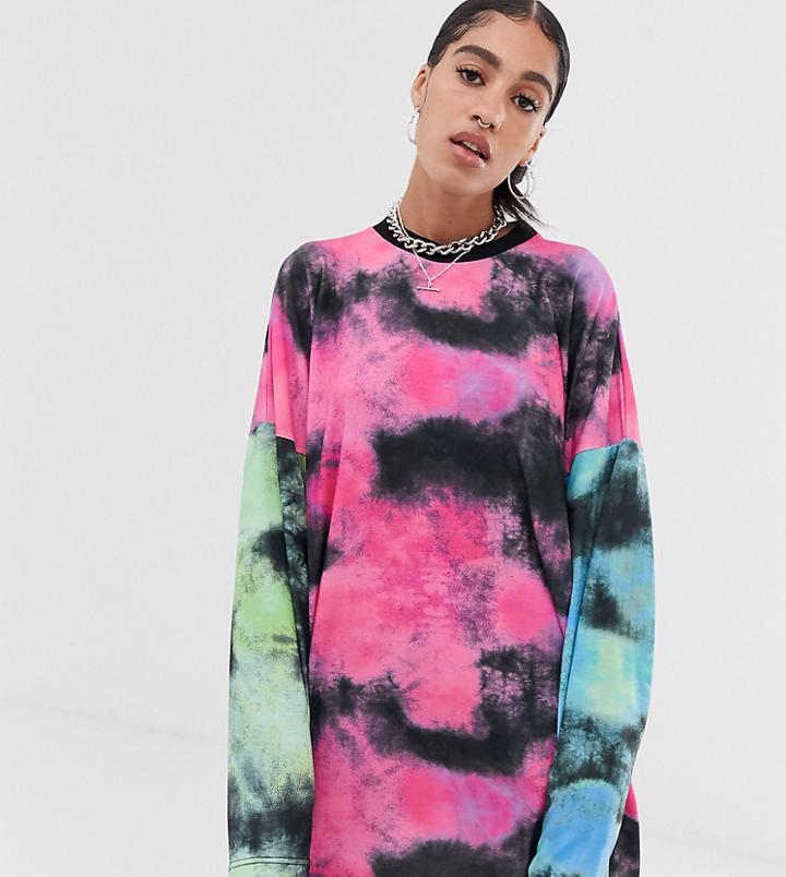 The Ragged Priest Long Sleeve T-shirt Dress In Mixed Tie Dye - Pink
