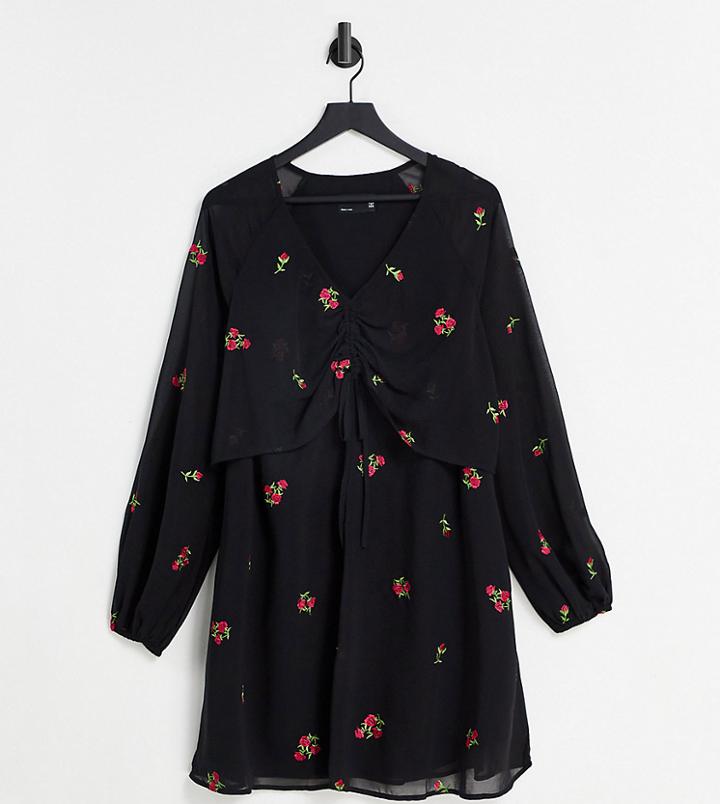 Asos Design Maternity Nursing Ruched Front Balloon Sleeve Mini Dress With All Over Embroidery In Black