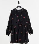 Asos Design Maternity Nursing Ruched Front Balloon Sleeve Mini Dress With All Over Embroidery In Black