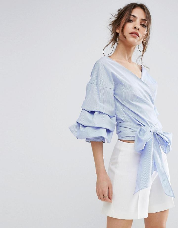 Prettylittlething Oversized Ruffle Sleeve Cropped Shirt - Blue