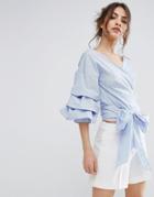 Prettylittlething Oversized Ruffle Sleeve Cropped Shirt - Blue