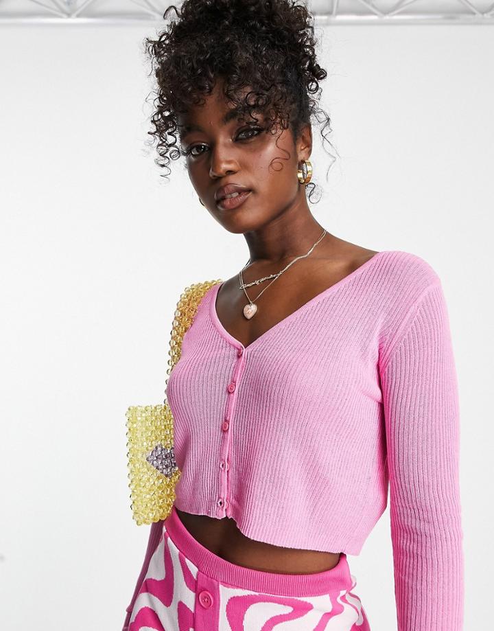 Urban Revivo Ribbed Fitted Cardigan In Pink