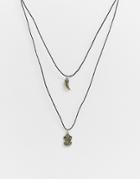 Asos Design Cord Neckchain With Summer Inspired Charms In Burnished Gold - Black