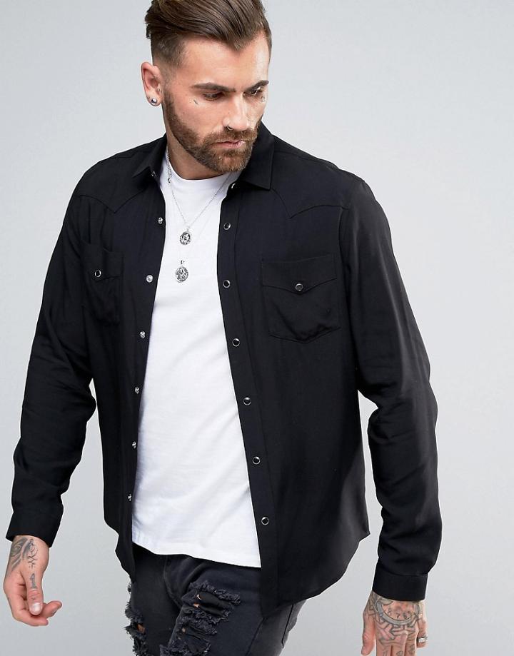 Asos Regular Fit Western Viscose Shirt In Black - Black