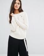 Sisley Sweater In Chunky Textured Knit With Lace Up Detail - Cream