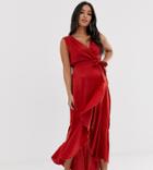 Flounce London Maternity Wrap Front Midaxi Dress In Rust-brown